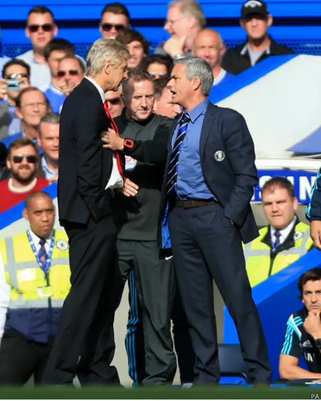 مورينيو وفينغر يتشاجران اثناء مباراة تشيلسي مع ارسنال على ارض الأول في تشرين الأول / أكتوبر 2014