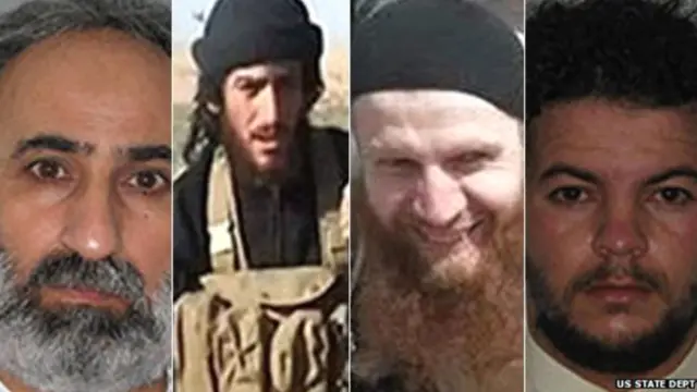 (dari kiri ke kanan): Abd al-Rahman Mustafa al-Qaduli, Abu Mohammed al-Adnani, Tarkhan Tayumurazovich Batirashvili, dan Tariq Bin-al-Tahar Bin al Falih al-‘Awni al-Harzi. 