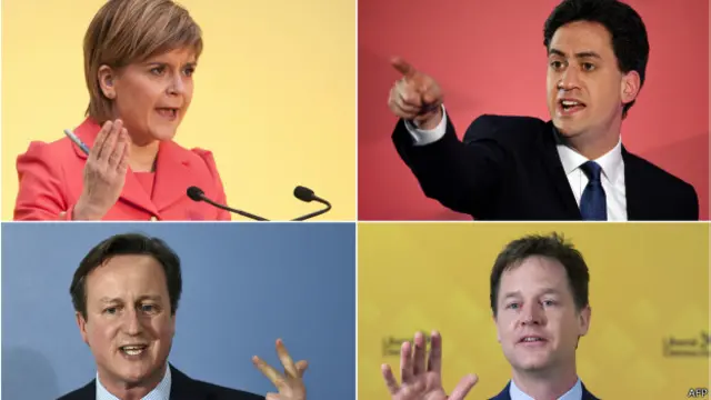 Никола Стерджен, Эд Миллибанд, Ник Клегг, Дэвид Камерон