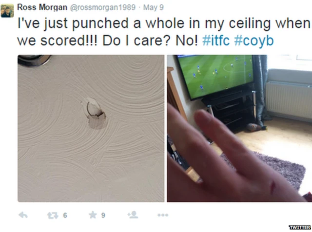 El aficionado compartió en su cuenta de Twitter la imagen del hueco en el techo y las heridas en su puño. "¿Me importa? ¡No!", dijo.