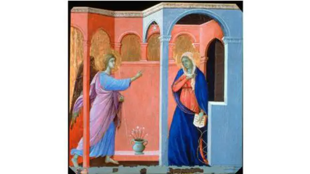 Duccio'nun bu tablosunda Meryem Ana ve Cebrail'in yüzlerindeki yeşilimsi kil rengi görülebiliyor.