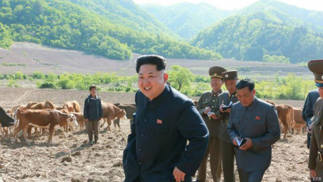 Kim Jong-un, presidente da Coreia do Norte, inspecionando um rancho no interior do país (EPA)
