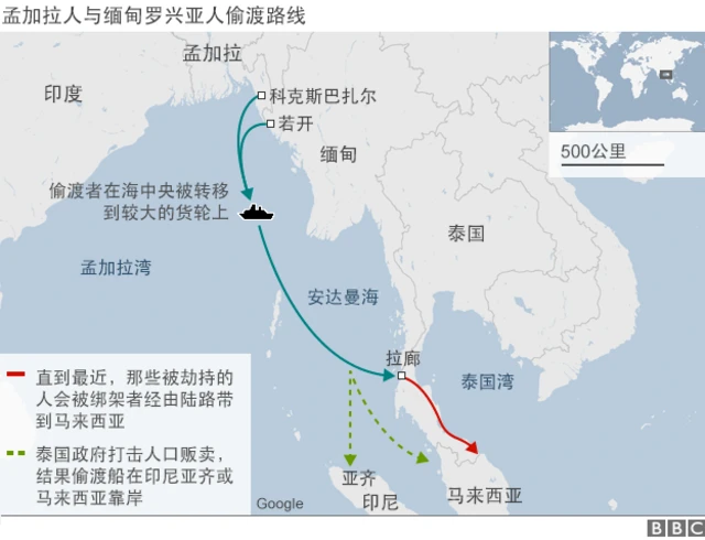 地图：孟加拉人与缅甸罗兴亚人偷渡路线