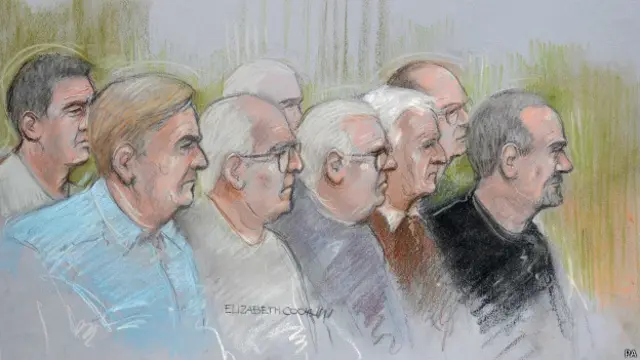 Обвиняемые в зале суда, рисунок художника