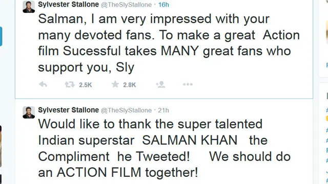 اپنے ٹوئیٹ میں سٹیلون نے سلمان خان کو سپر ٹیلنٹڈ ادکار کے طور پر یاد کیا