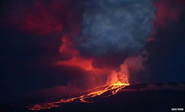 Se pudo ver lava fluyendo hacia el costado del volcán Wolf. 