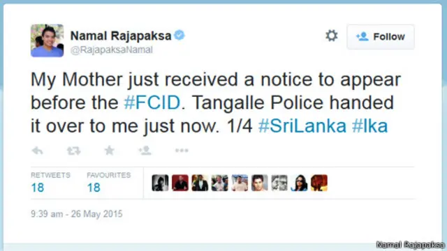 පාර්ලිමේන්තු මන්ත්රී නාමල් රාජපක්ෂ නිකුත් කළ 'ට්වීටර්' පණිවුඩය