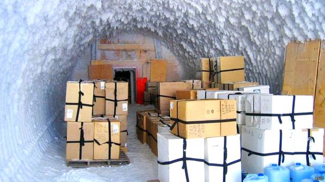 Cajas con  hielo en el depósito en la estación Concordia