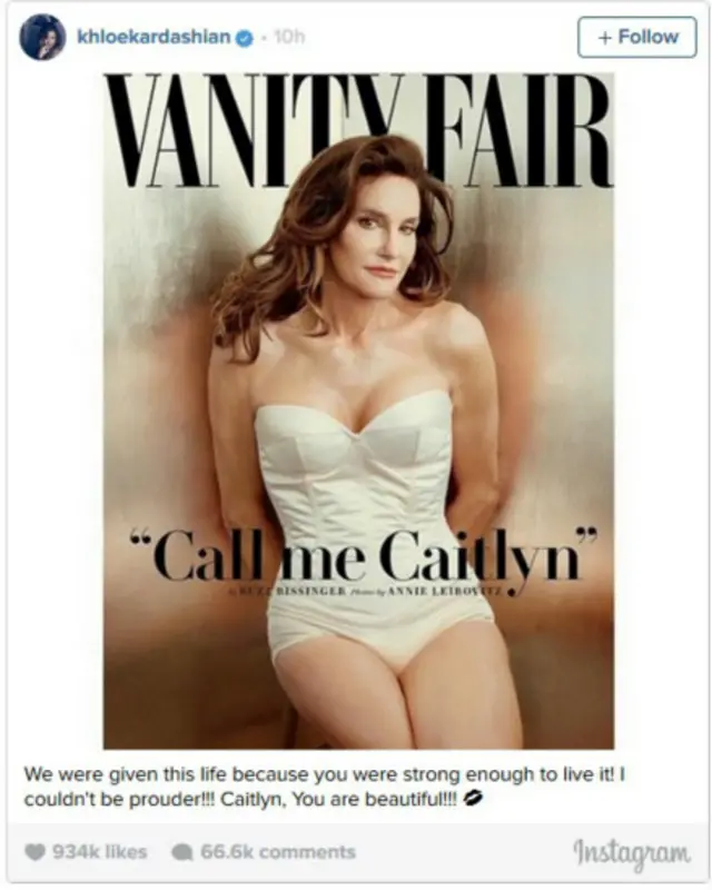 Dukungan untuk Caitlyn Jenner diberikan putri tirinya, Khloe Kardashian, melalui akun Instagram.