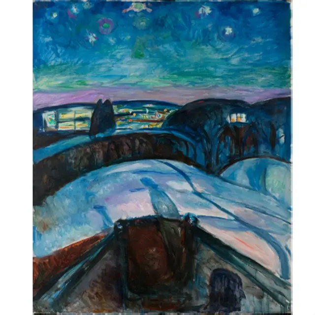 تابلوی شب پرستاره اثر ادوارد مونک.
Edvard Munch: Stjernenatt, ۱۹۲۲, Munchmuseet, Oslo
Foto © Munchmuseet