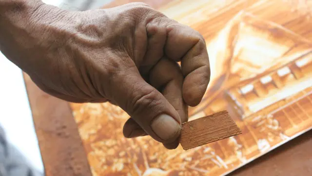 Dalam melukis dengan tanah liat, potongan bambu seperti inilah yang digunakan sebagai kuas.