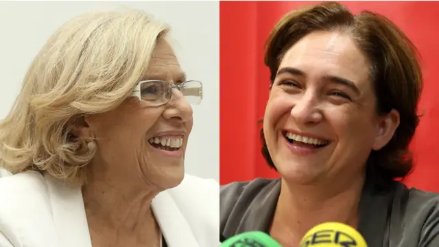  آدا کولائو (سمت راست) که علیه نابرابری اجتماعی فعالیت می‌کند، اولین شهردار زن بارسلون خواهد بود و مانوئلا کارمنا، قاضی بازنشسته و فعال حقوق بشر، به عنوان شهردار مادرید، سوگند یاد کرده است