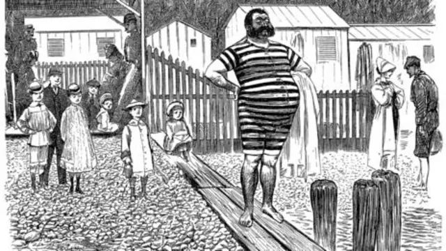 這張1877年的打孔漫畫向我們展示了幾乎覆蓋全身的男式泳裝——在英國,直到20世紀30年代,男人們才可以在公共場合裸露胸部。(圖片來源:Wikipedia)