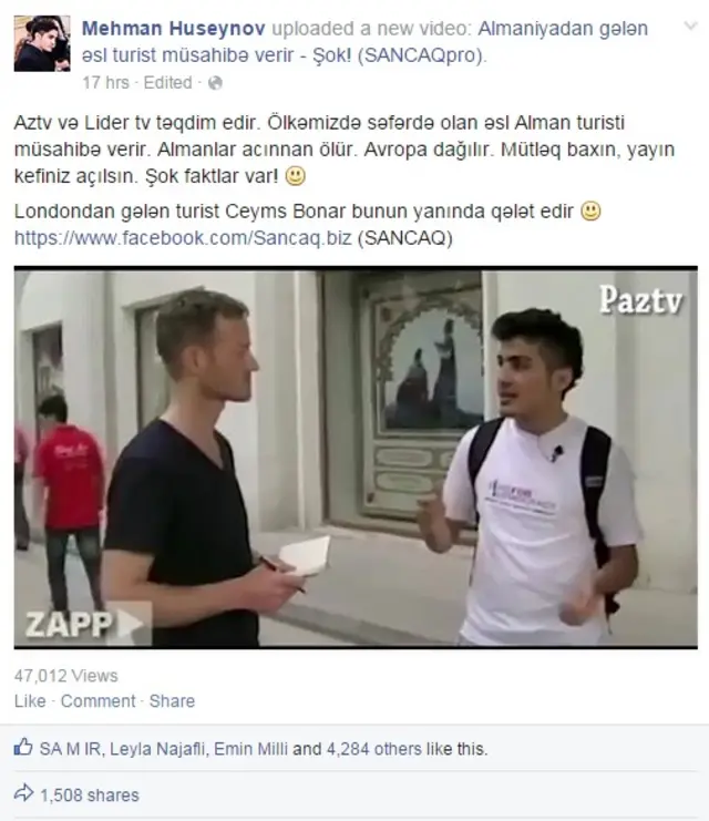 Blogger Mehman Hüseynovun hazırladığı satirik videoda o, özünü almaniyalı turist kimi təqdim edir