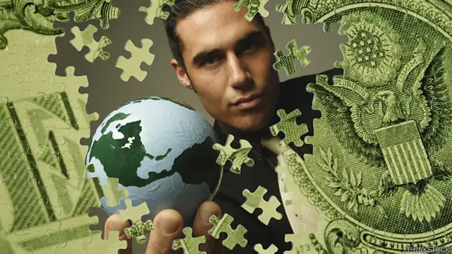 Rompecabezas dólar hombre con planeta