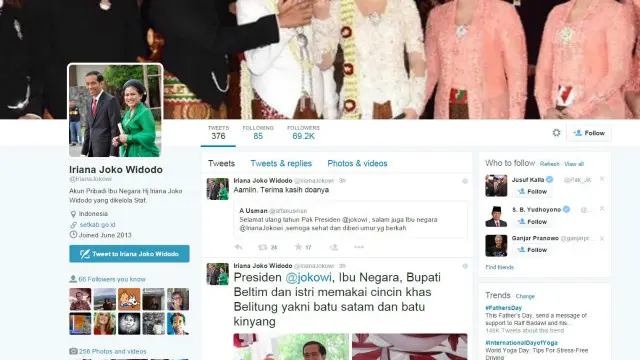 Akun twitter Ibu negara, adalah satu dari 49 akun yang diikuti akun twitter presiden Jokowi