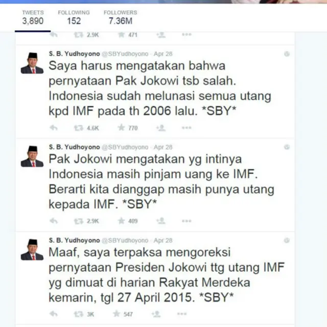 Rangkaian cuitan SBY, yang dimaksudkan untuk mengoreksi pidato Jokowi saat KAA