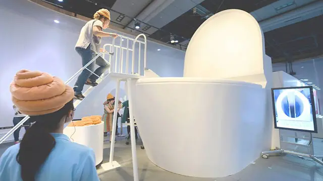 Một phụ nữ leo lên cầu trượt xuống một bệ xí bệt lớn trong triển lãm Bảo tàng Sáng tạo và Khoa khọc Mới tại Tokyo vào tháng Bảy 2014.