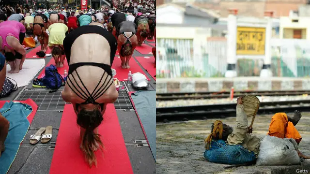 योग करती महिला, स्टेशन पर लेटा हुआ ग़रीब आदमी