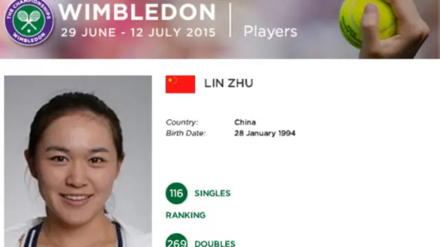 朱琳目前在世界排名第116位。