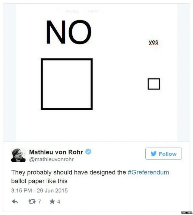 Comentario satírico en Twitter sobre la pregunta del referendo griego