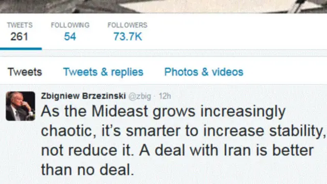 پیام توئیتری برژینسکی، پس از انتشار پیام ویدئویی وزیر خارجه ایران منتشر شد