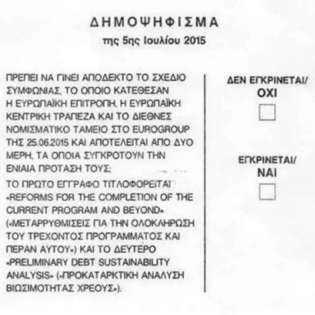 Kertas suara referendum tentang utang-utang Yunani kepada kreditur internasional