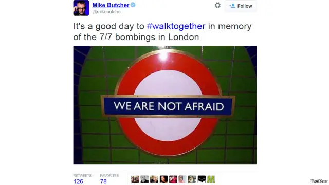 نشر المستخدم مايك صورة لعلامة مترو الأنفاق الشهيرة في لندن، كتب عليها "نحن لسنا خائفين".