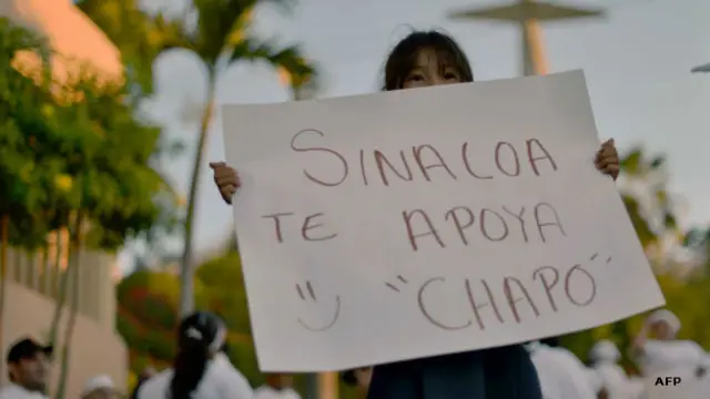 Guzman'a memleketi Sinaloa'da açılan bir pankartta, "Sinaloa seni destekliyor Chapo" yazıyor.