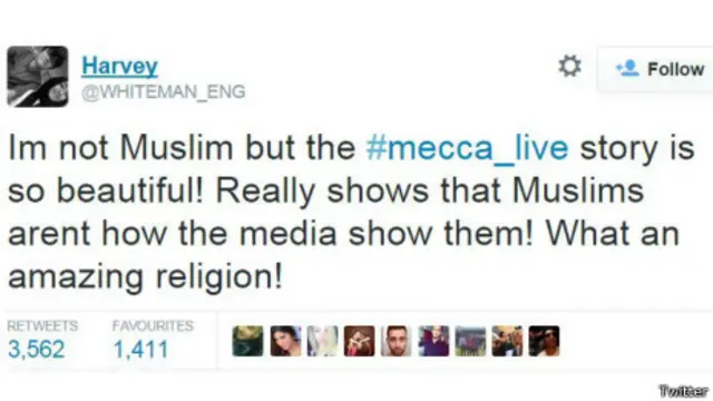 مغرد بريطاني باسم هارفي كتب يقول: "لستُ مسلماً لكنني أتابع #مكة_لايف وأجد ما يجري الآن (في مكة) رائع ويدل على ان المسلمين ليسوا كما تصورهم وسائل الإعلام. حقاً إنه دين مذهل"