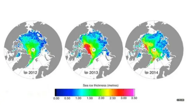 مقارنة بين سمك الجليد البحري خلال الفترة من 2012 وحتى 2014