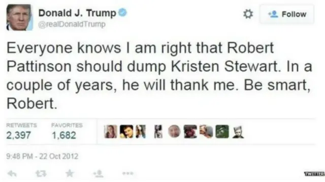 "الكل يعلم صحة ما اقوله بشأن ضرورة ترك روبرت باتيسون لكيرستين ستيوارت، وسوف يشكرني على مدار العامين المقبلين. يجب عليك ان تكون ذكيا، روبرت."