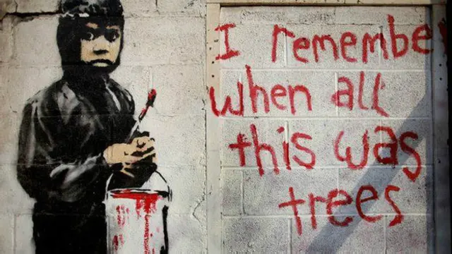 Lukisan lainnya, I Remember Remember When All This Was Trees, ditemukan di sebuah dinding pabrik tua di sudut kota Detroit, Amerika Serikat, pada 2010 lalu.
