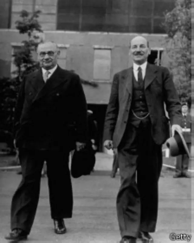 Премьер-министр Великобритании Клемент Эттли и министр иностранных дел Эрнст Бевин на Потсдамской конференции