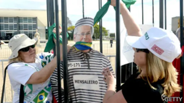 Manifestantes protestan con un muñeco de José Dirceu