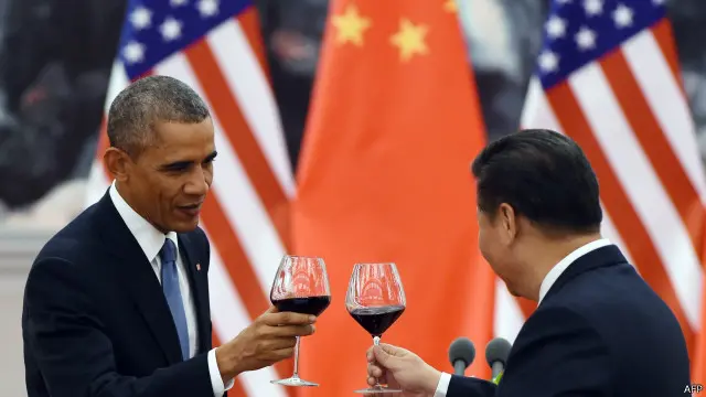 2014年習近平在北京人民大會堂宴請美國總統奧巴馬。習近平此次訪美受邀參加奧巴馬在白宮舉行的國宴。