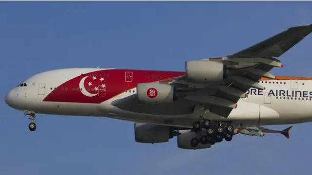 Dua dari pesawat milik maskapai Singapore Airlines dengan desain SG50.