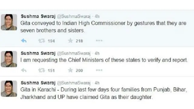 بھارتی وزیر نے یہ بھی کہا کہ اب تک چار خاندانوں نے دعویٰ کیا ہے کہ گیتا ان کی گمشدہ اولاد ہے۔