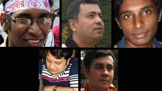 বাংলাদেশে নিহত ৫ ব্লগার: (উপরে বাঁ থেকে) আহমেদ রাজিব হায়দার, অভিজিৎ রায় ও ওয়াশিকুর রহমান এবং (নিচে বাঁ থেকে) অনন্ত বিজয় দাশ ও নিলাদ্রী চট্টোপাধ্যায়।