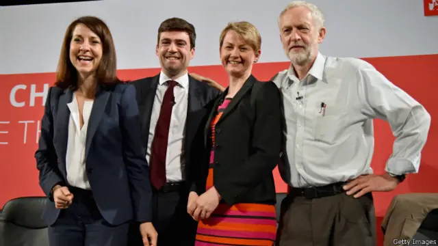 از راست: جرمی کوربین، ایوت کوپر، اندی برنهام و لیز کندال