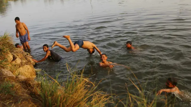 أطفال يسبحون في النيل هربا من الحرارة العالية، التي ضربت مصر والعديد من دول الشرق الأوسط مثل العراق والأردن وإيران.