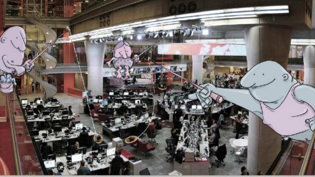 A pedido da BBC Brasil, o artista e seus personagens 'invadiram' a redação da BBC, em Londres
