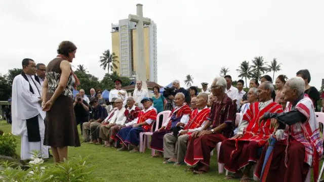 缅甸少数民族克伦族（Ethnic Karen）二战老兵参加了在仰光举行的纪念仪式。