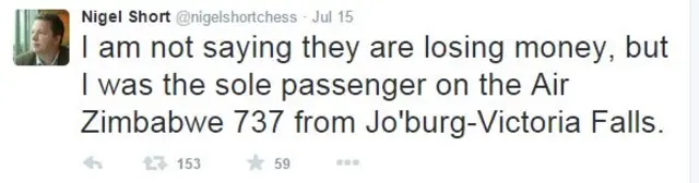 Tuíte do enxadrista após o voo: 'Não estou dizendo que eles estão perdendo dinheiro, mas eu era o único passageiro do 737 da Air Zimbabwepixbet grátis loginJohannesburgo a Victoria Falls'