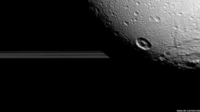 عکس کاسینی از دیون درحالی که حلقه های کیوان در پشت آن پیداست