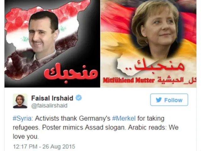 Bəzi istifadəçilər isə postlarla Merkeli salamlayan Suriya prezidenti Bəşər əl-Əsədin dediyi şüarı birləşdiriblər. Bir başqaları isə Almaniya liderini səlib yürüşləri zamanı müsəlmanlara sığınacaq vermiş xristian kralı Nequsla müqayisə edirlər.
