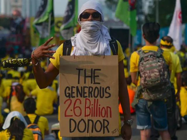 吉隆坡街头一名净选盟支持者举起讽刺纳吉布捐款者的标语牌(30/8/2015)