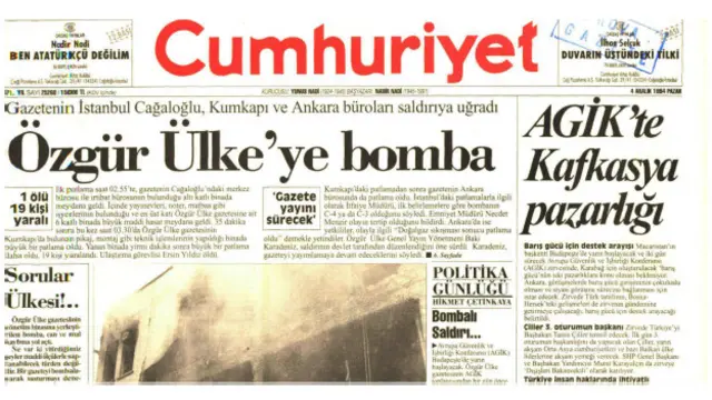 4 Aralık 1994'te Cumhuriyet gazetesinin Özgür Ülke gazetesinin bombalanmasıyla ilgili yayımladığı haber.