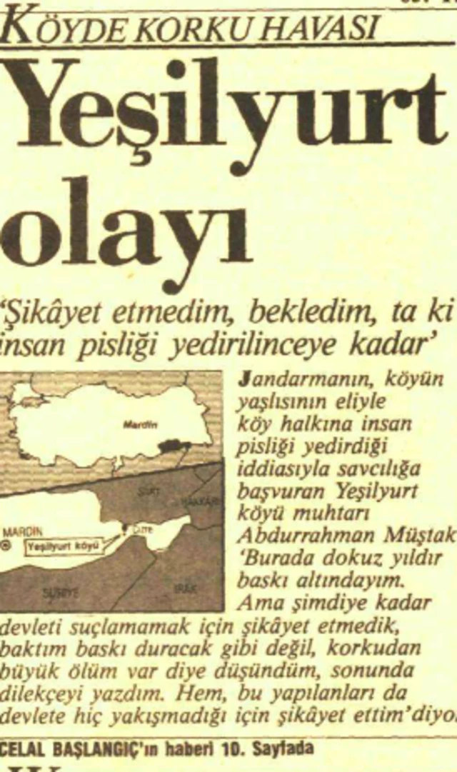 24 Ocak 1989'da Celal Başlangıç'ın Yeşilyurt Köyü olayıyla ilgili Cumhuriyet gazetesinde yayımlanan haberi.