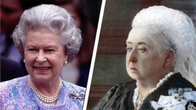 صورة للملكة فيكتوريا على اليمين، بجانب اخرى للملكة إليزابيث